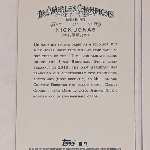 NICK JONAS Brothers 2017 Topps Allen & Ginter X Black Border Parallel #214 Cards - Picture 6 of 12